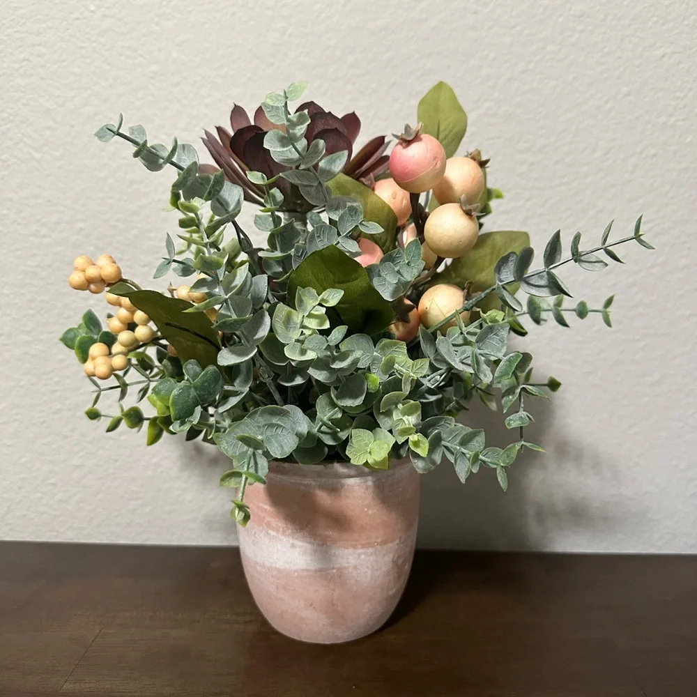 Elegant Faux Floral Arrangement in Terra Cotta style Vase